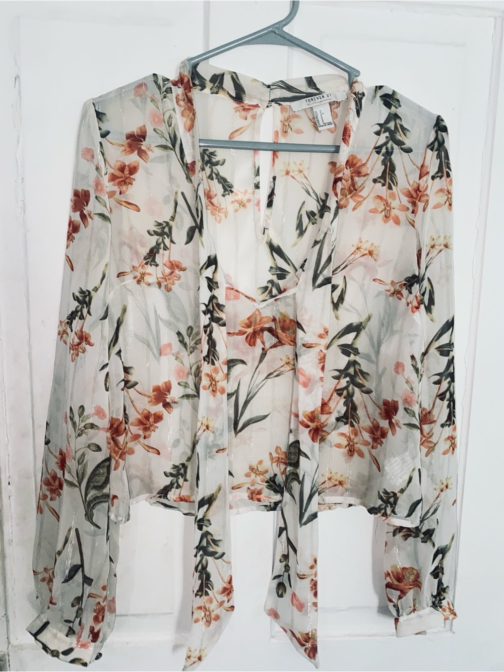 Forever 21 Sheer Floral Tie-Neck Blouse - Cream, Rust, Green
